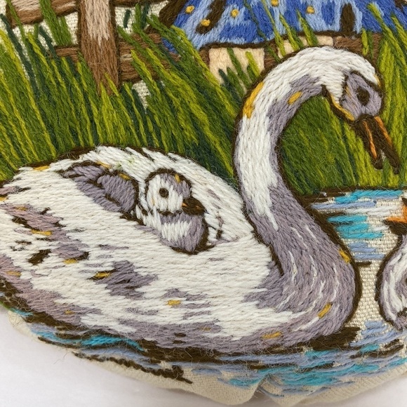 Vintage 60's/70's Fully Embroidered Mini Accent Pillow "Girl by the Duck Pond" - Picture 5 of 11